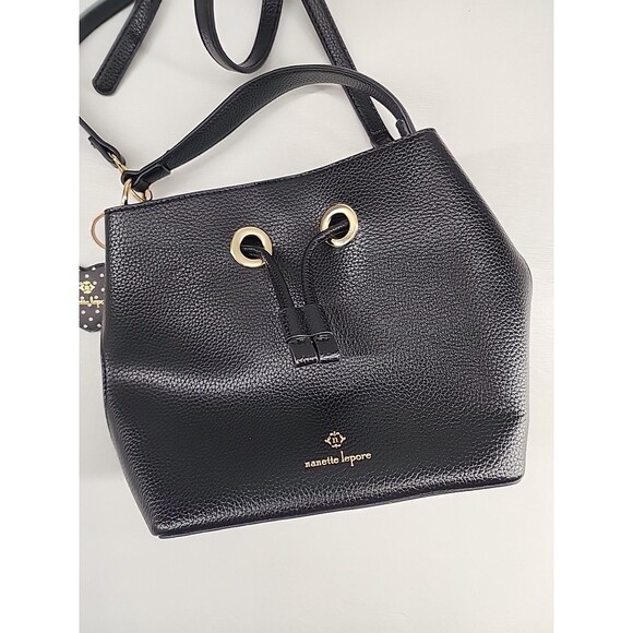 Nanette Lepore | Black Bucket Crossbody Purse Bag Pebbled Faux Leather - Picture 3 of 7